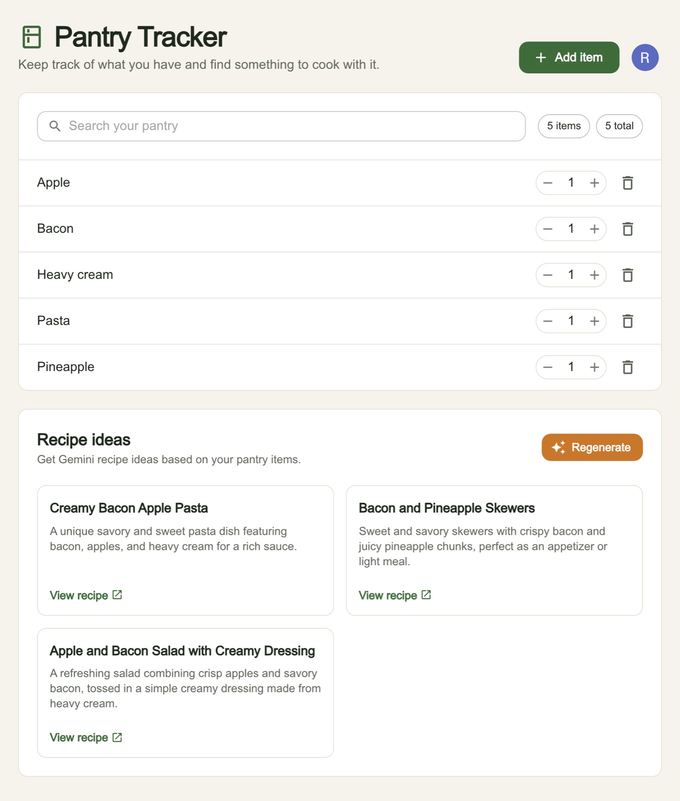 Pantry Tracker with five items and three Gemini recipe ideas
